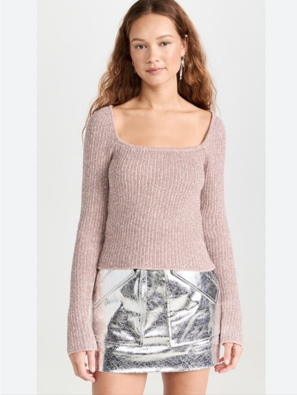 ASTR the Label blush pink with subtle silver sequin ribbed knit sweater